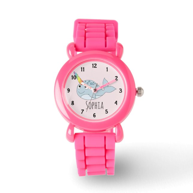 Montre Filles mignonne arc-en-ciel Narwhal Dessin et nom  (Recto)