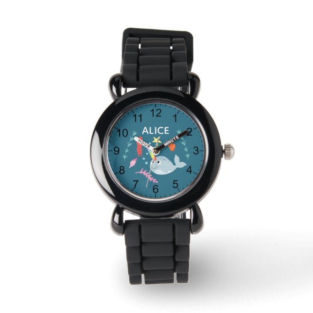 Montre Filles mignonne moderne arc-en-ciel Narwhal et nom (Recto)