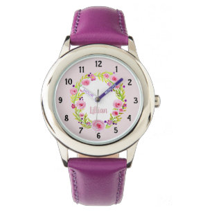 Montre Filles mignonnes Fleurs d'aquarelle rose et nom En