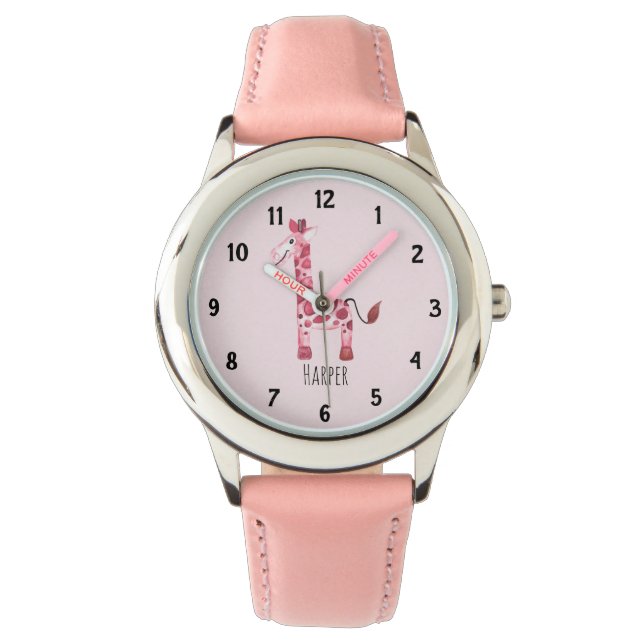 Montre Filles Rose Aquarelle Safari Giraffe et nom Enfant (devant)