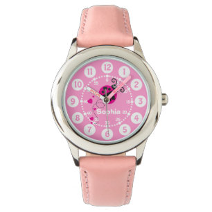 Montre Filles rose coccinelle coeur blanc nom poignet mon