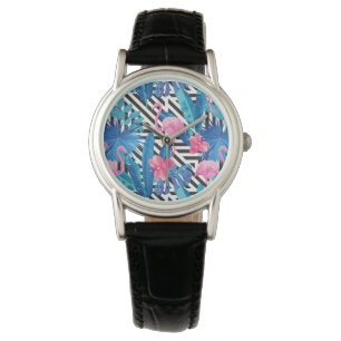 Montre Flamant rose et paumes sur le motif géométrique