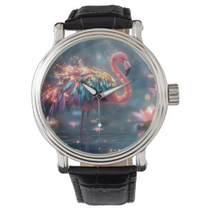 Montre Flamant rose magique Imaginaire Art avec plume col