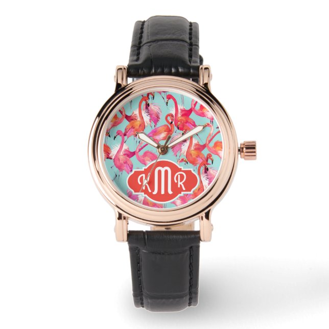 Montre Flamants roses aquarelle rassemblés | Monogramme (Recto)