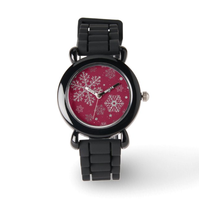Montre Flammes de neige en argent sur rouge foncé (Recto)