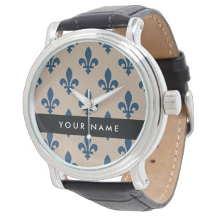 Montre Fleur de Lis, Bleu Marine sur Beige, Royal, Votre