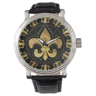 Montre Fleur de lis - ornement circulaire - Or et noir