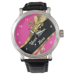 Montre Fleur de lys rose et or personnalisée