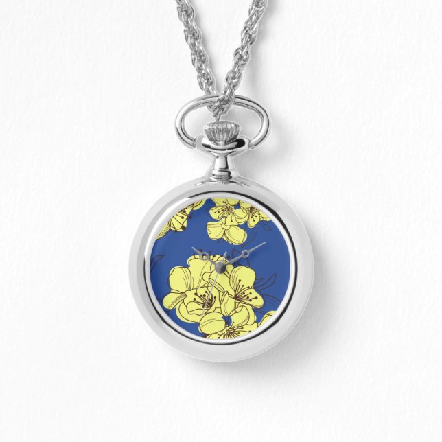 Montre Fleur de pomme jaune dessinée à la main sur bleu (Recto)