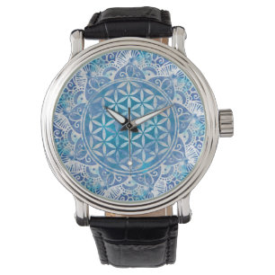 Montre Fleur de vie à Lotus - Aquarelle Bleue