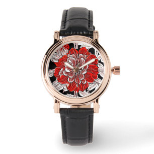 Montre Fleur rouge noir et blanc Art Nouveau