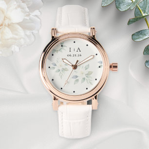 Montre Fleurs Blanches Élégants Noms de Couple Personnali