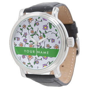 Montre Fleurs Colorées, Fond Bleu, Vert