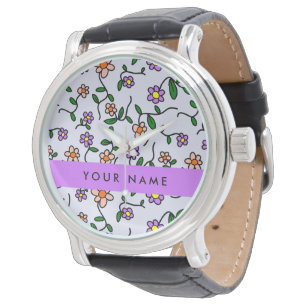 Montre Fleurs Colorées, Fond Bleu, Violet