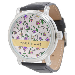Montre Fleurs Colorées, Fond Rose, Jaune