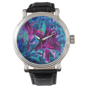 Montre Fleurs de lys orientales abstraites violettes et r