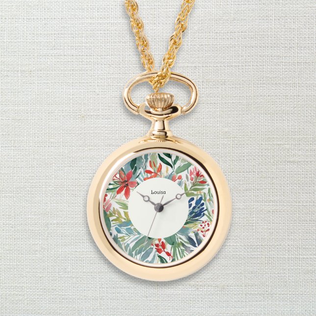 Montre Fleurs de Poinsettia Rouge Joli Noël Floral (An elegant monogrammed necklace pendant with watch and red poinsettia design in a watercolor style)