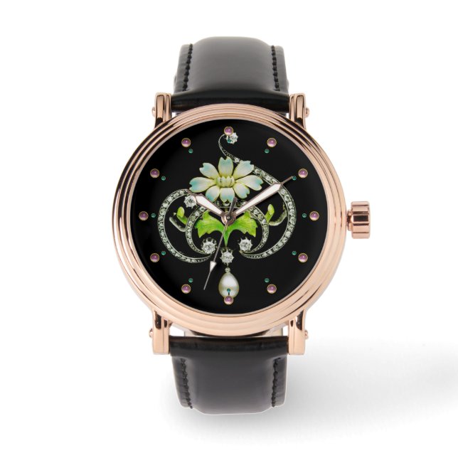 MONTRE FLEURS D'ENAMÉRIQUE BLANC IMPRIMÉE, PERLES ET DIAM (Recto)