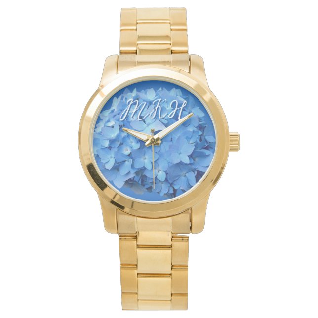Montre Fleurs d'Hydrangée Bleue Monogrammes (devant)