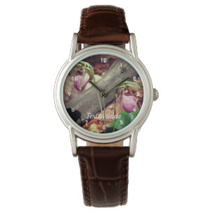 Montre Fleurs d'orchidées de chèvre rose boisé 