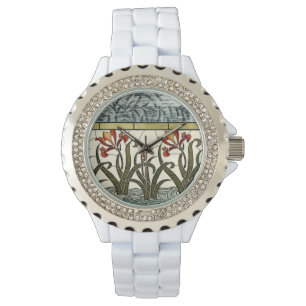 Montre Fleurs en verre souillé avec la frontière bronza