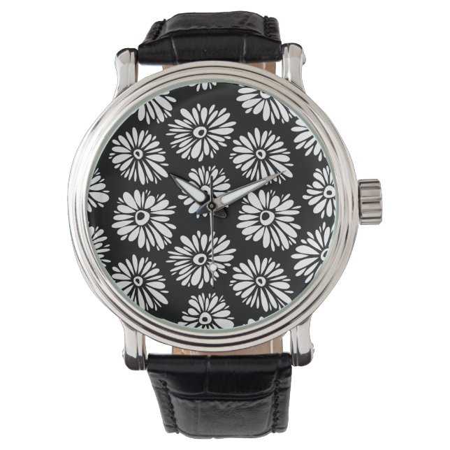 Montre Fleurs noires et blanches funky (devant)
