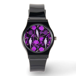 MONTRE FLEURS PURPLES ART DÉCO, PARROTS BLANCS SUR NOIR