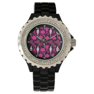 MONTRE FLEURS ROSES ART DÉCO, PAROIS BLANCS SUR NOIR