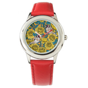 Montre Fleurs roses et oiseaux dorés