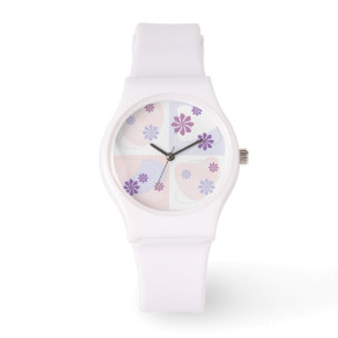 Montre Fleurs roses et violettes sur les chèques pastel