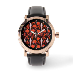 MONTRE FLEURS ROUGES ART DÉCO, PIROTS BLANCS EN NOIR