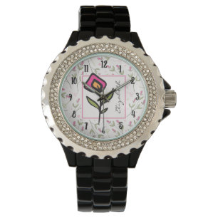 Montre Fleurs sauvages à longue tige rose et vert Personn