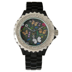 Montre Fleurs sauvages et papillons sur le noir