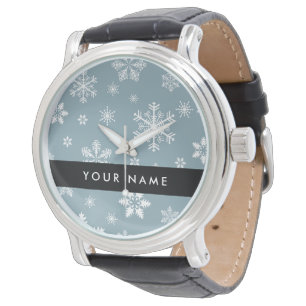 Montre Flocons de neige blancs, Gris, Votre nom, Personna