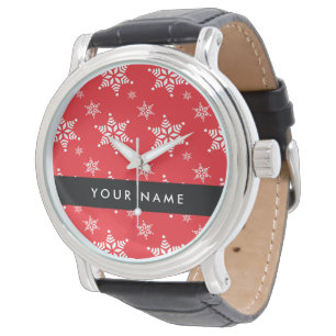 Montre Flocons de neige blancs, Rouge, Votre nom, Personn