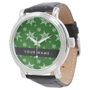 Montre Flocons de neige blancs, Vert, Votre nom, Personna