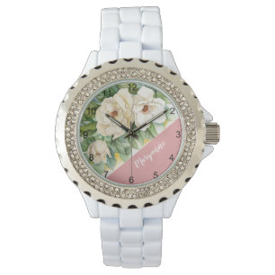 Montre Floral White Magnolia Ajouter Nom Watercolor Wrist