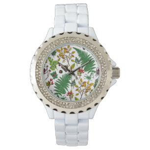 Montre Forest berries, leaves and bugs on white