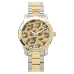 Montre Fourrure de léopard élégante avec fermeture or - M