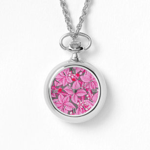 Montre Fraises et Feuilles Art Nouveau, rose et gris