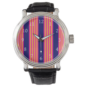 Montre Fuchsia et rayures jaunes avec bleu marine