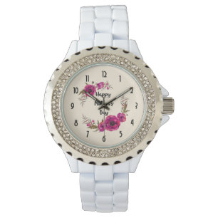 Montre Fuchsia Poppies Floral Wreath Bonne fête des mères
