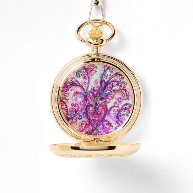 MONTRE FUCHSIA ROSE FLEURIES BLANCHES AVEC LE COEUR (Recto)