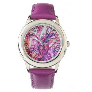 MONTRE FUCHSIA ROSE FLEURIES BLANCHES AVEC LE COEUR