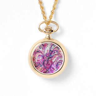 MONTRE FUCHSIA ROSE FLEURIES BLANCHES AVEC LE COEUR