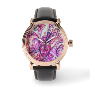 MONTRE FUCHSIA ROSE FLEURIES BLANCHES AVEC LE COEUR