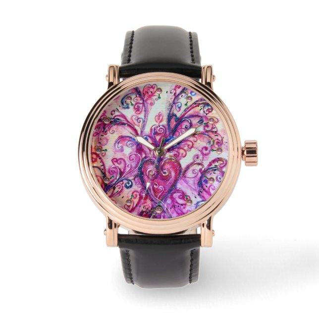 MONTRE FUCHSIA ROSE FLEURIES BLANCHES AVEC LE COEUR (Recto)