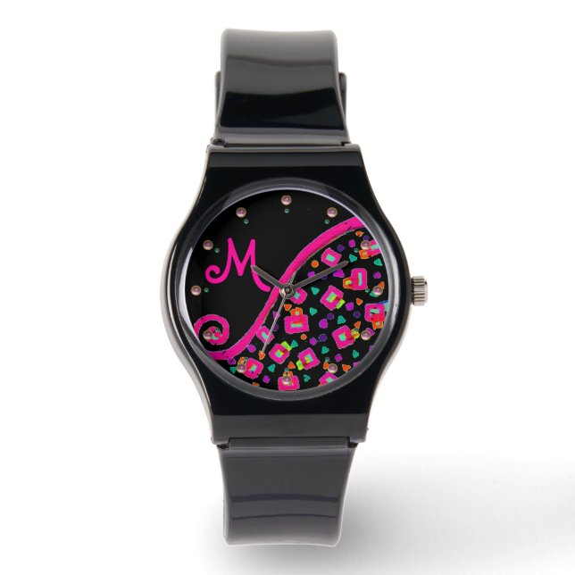 MONTRE FUCHSIE ROSE NOIR DÉCO MONOGRAM ABSTRAIT (Recto)