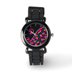 MONTRE FUCHSIE ROSE NOIR DÉCO MONOGRAM ABSTRAIT