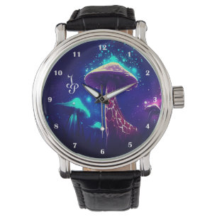 Montre Funny Giraffe Champignons Galaxy Étoiles Bleu fonc